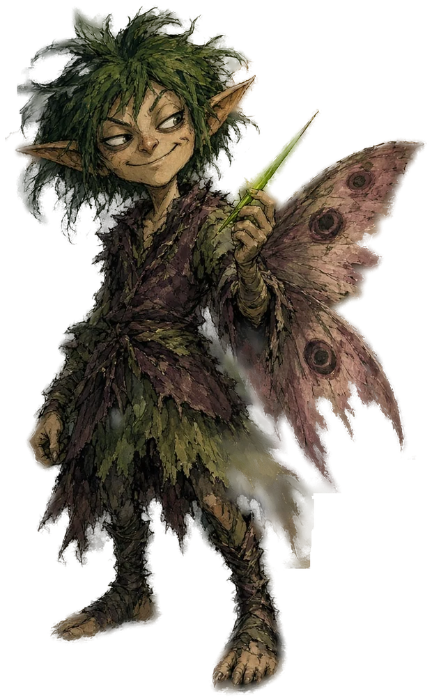 The moss-haired pixie standing in the forest, holding a glowing blade of grass
